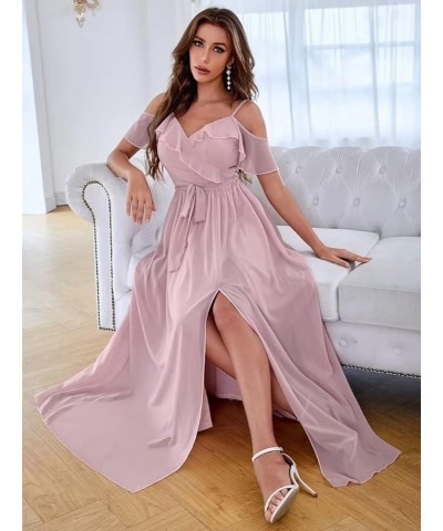 Off Shoulder Chiffon Bridesmaid Dresses Long with Slit V Neck Formal Prom Party Dresses for Women with Pockets Burnt Lavender...