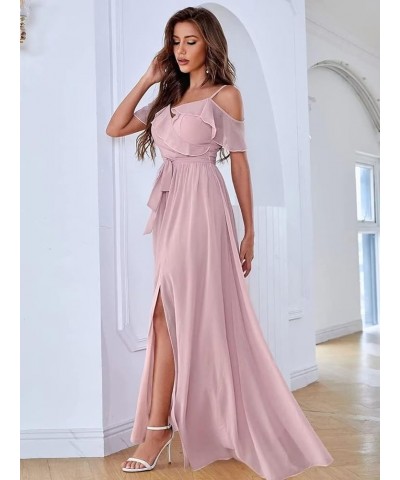 Off Shoulder Chiffon Bridesmaid Dresses Long with Slit V Neck Formal Prom Party Dresses for Women with Pockets Burnt Lavender...