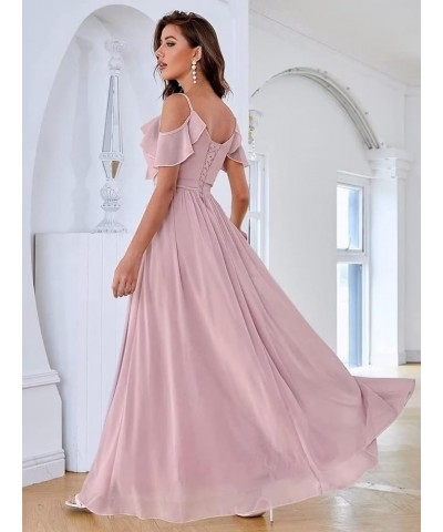 Off Shoulder Chiffon Bridesmaid Dresses Long with Slit V Neck Formal Prom Party Dresses for Women with Pockets Burnt Lavender...