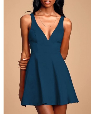 Women's Simple Skater Dress Double Spaghetti Straps Deep V Backless Mini Party Dresses Peacock Blue Deep V Skater Dress $19.7...