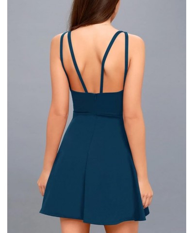 Women's Simple Skater Dress Double Spaghetti Straps Deep V Backless Mini Party Dresses Peacock Blue Deep V Skater Dress $19.7...