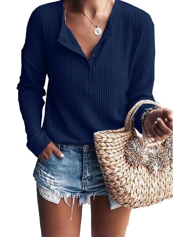 Womens Tops Casual V Neck Button Up Loose Waffle Knit Tunic Henley Shirts 10-navy $7.64 Tops