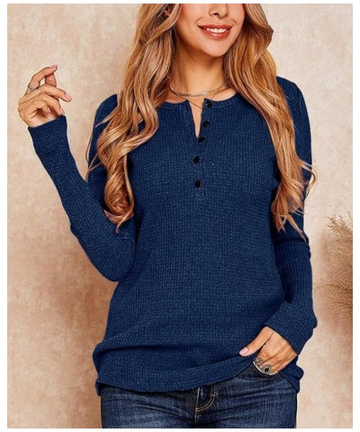 Womens Tops Casual V Neck Button Up Loose Waffle Knit Tunic Henley Shirts 10-navy $7.64 Tops