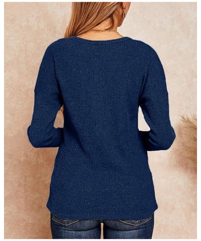 Womens Tops Casual V Neck Button Up Loose Waffle Knit Tunic Henley Shirts 10-navy $7.64 Tops