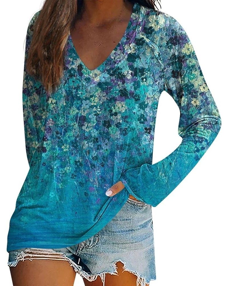 Womens Fall Fashion 2023,Women's Elegant Floral Print V Neck Shirt Long Sleeve Tee Oversized Loose Graphic Tunic Top 2-blue $...