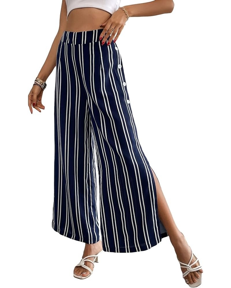 Women's Plus Size Striped Palazzo Pants High Waisted Wide Leg Cropped Trousers Navy Blue $13.02 Pants