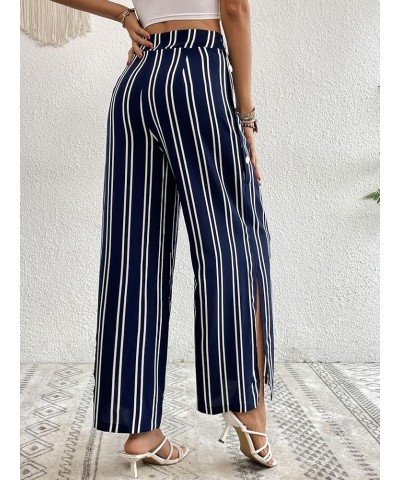 Women's Plus Size Striped Palazzo Pants High Waisted Wide Leg Cropped Trousers Navy Blue $13.02 Pants