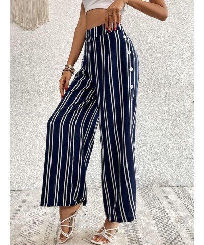 Women's Plus Size Striped Palazzo Pants High Waisted Wide Leg Cropped Trousers Navy Blue $13.02 Pants