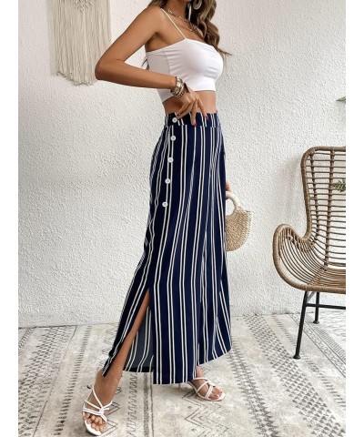 Women's Plus Size Striped Palazzo Pants High Waisted Wide Leg Cropped Trousers Navy Blue $13.02 Pants