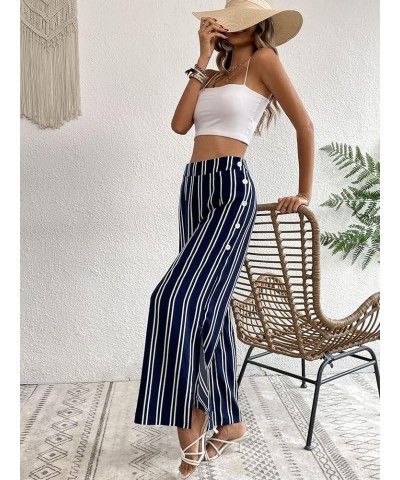 Women's Plus Size Striped Palazzo Pants High Waisted Wide Leg Cropped Trousers Navy Blue $13.02 Pants