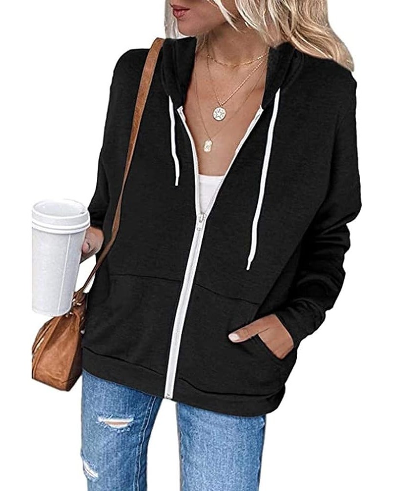 Hoodies for Women, Womens Zip Up Hoodie Sweatshirt Casual Long Sleeve Drawstring Solid Jackets Coat Shirts Z1-black $4.05 Tops