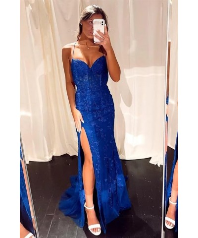 Lace Appliques Mermaid Prom Dresses with Slit Spaghetti Straps Formal Gown Tulle Party Dress for Women Burgundy $39.13 Dresses