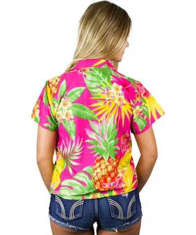 Funky Casual Hawaiian Blouse Shirt for Women Front Pocket Button Down Very Loud Shortsleeve Small Flower Print Pineapple Pink...