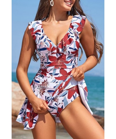 Women's Deep V Neck Ruffle One Piece Swimsuit Ruched Retro Skirted Swimdress Red Flower $18.47 Swimsuits