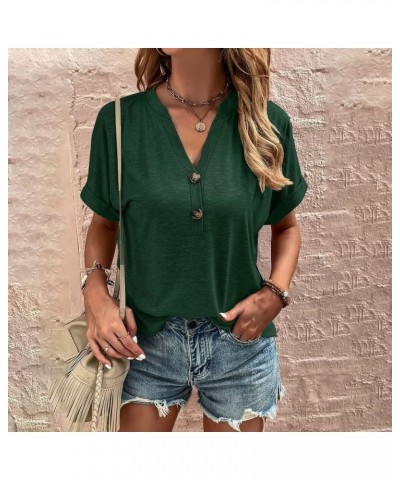 Women T Shirts Half Button Down Roll Up Short Sleeve Tops Summer Casual Loose Pullover Tunics A3-green $8.20 Tops