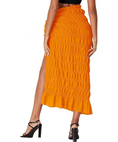 Women's Smocked Ruched Tie Knot Ruffle Beach Sarongs Swimsuit Cover Up Split Maxi Skirt Orange $18.59 Swimsuits