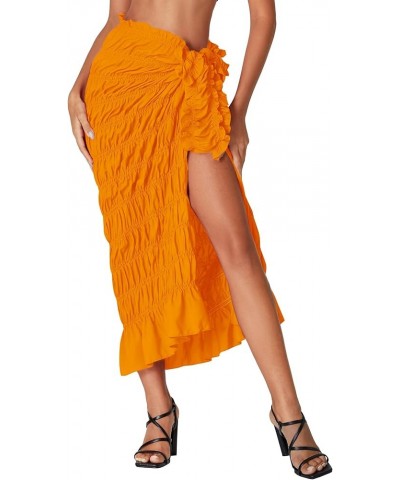 Women's Smocked Ruched Tie Knot Ruffle Beach Sarongs Swimsuit Cover Up Split Maxi Skirt Orange $18.59 Swimsuits