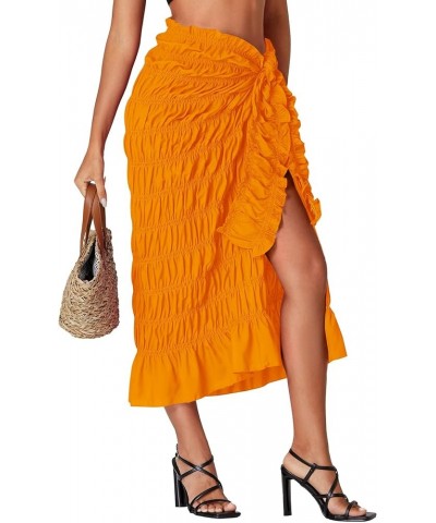 Women's Smocked Ruched Tie Knot Ruffle Beach Sarongs Swimsuit Cover Up Split Maxi Skirt Orange $18.59 Swimsuits