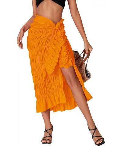 Women's Smocked Ruched Tie Knot Ruffle Beach Sarongs Swimsuit Cover Up Split Maxi Skirt Orange $18.59 Swimsuits