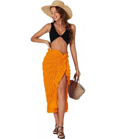 Women's Smocked Ruched Tie Knot Ruffle Beach Sarongs Swimsuit Cover Up Split Maxi Skirt Orange $18.59 Swimsuits