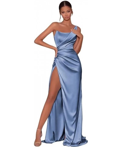 One Shoulder Prom Dresses with Slit Mermaid Satin Bridesmaid Dresses Pleated Formal Evening Gowns Dusty Blue $27.60 Dresses