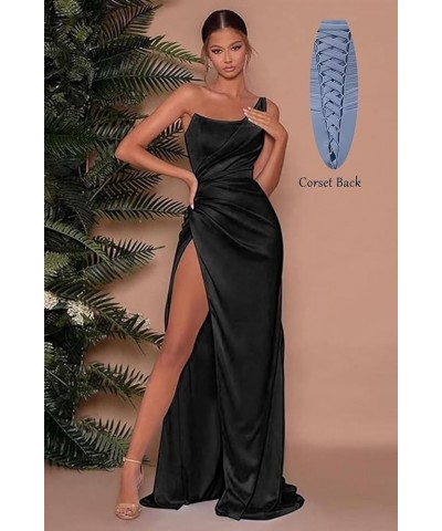 One Shoulder Prom Dresses with Slit Mermaid Satin Bridesmaid Dresses Pleated Formal Evening Gowns Dusty Blue $27.60 Dresses