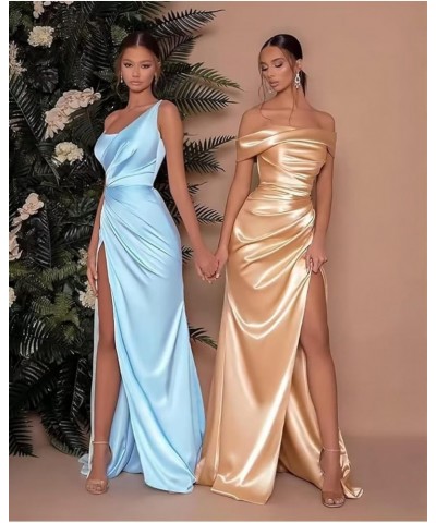 One Shoulder Prom Dresses with Slit Mermaid Satin Bridesmaid Dresses Pleated Formal Evening Gowns Dusty Blue $27.60 Dresses