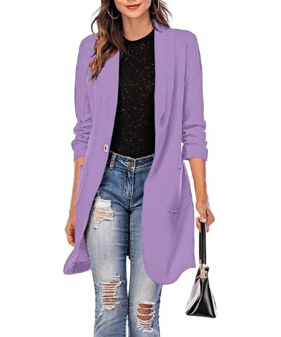 Women's Casual Long Blazers Ruched 3/4 Sleeve Lapel Oversized Suit Jacket Elegant Work Office Blazer Jackets Purple $26.95 Bl...