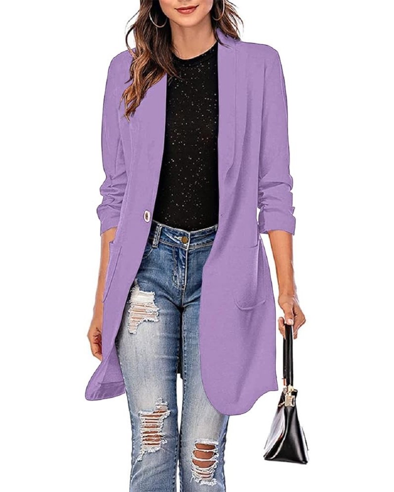 Women's Casual Long Blazers Ruched 3/4 Sleeve Lapel Oversized Suit Jacket Elegant Work Office Blazer Jackets Purple $26.95 Bl...