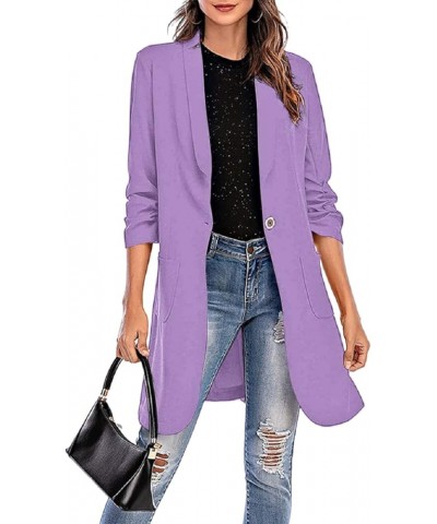 Women's Casual Long Blazers Ruched 3/4 Sleeve Lapel Oversized Suit Jacket Elegant Work Office Blazer Jackets Purple $26.95 Bl...