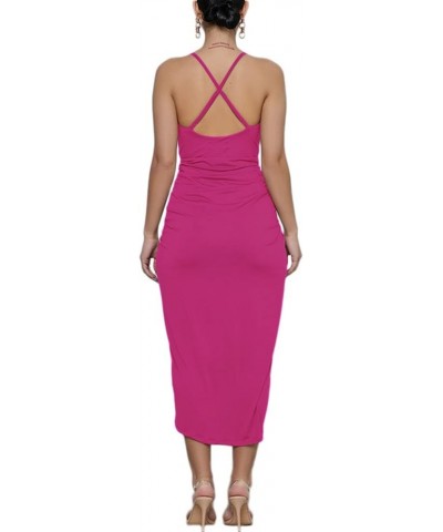 Women's V Neck Ruched Wrap Slit Hem Sleeveless Spaghetti Strap Midi Bodycon Dress Rose $19.14 Dresses