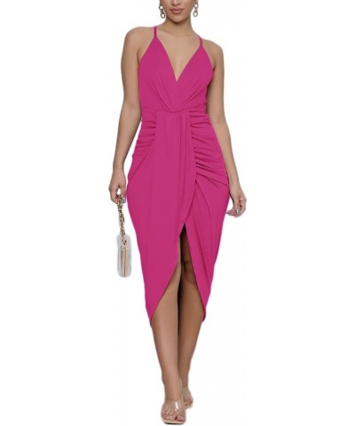 Women's V Neck Ruched Wrap Slit Hem Sleeveless Spaghetti Strap Midi Bodycon Dress Rose $19.14 Dresses