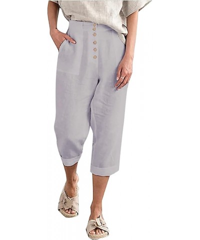 Summer Cotton Linen Cropped Wide Leg Pants Capris Women Ladies Casual Loose Palazzo Pant Work Elastic Pocket Gray $12.25 Pants