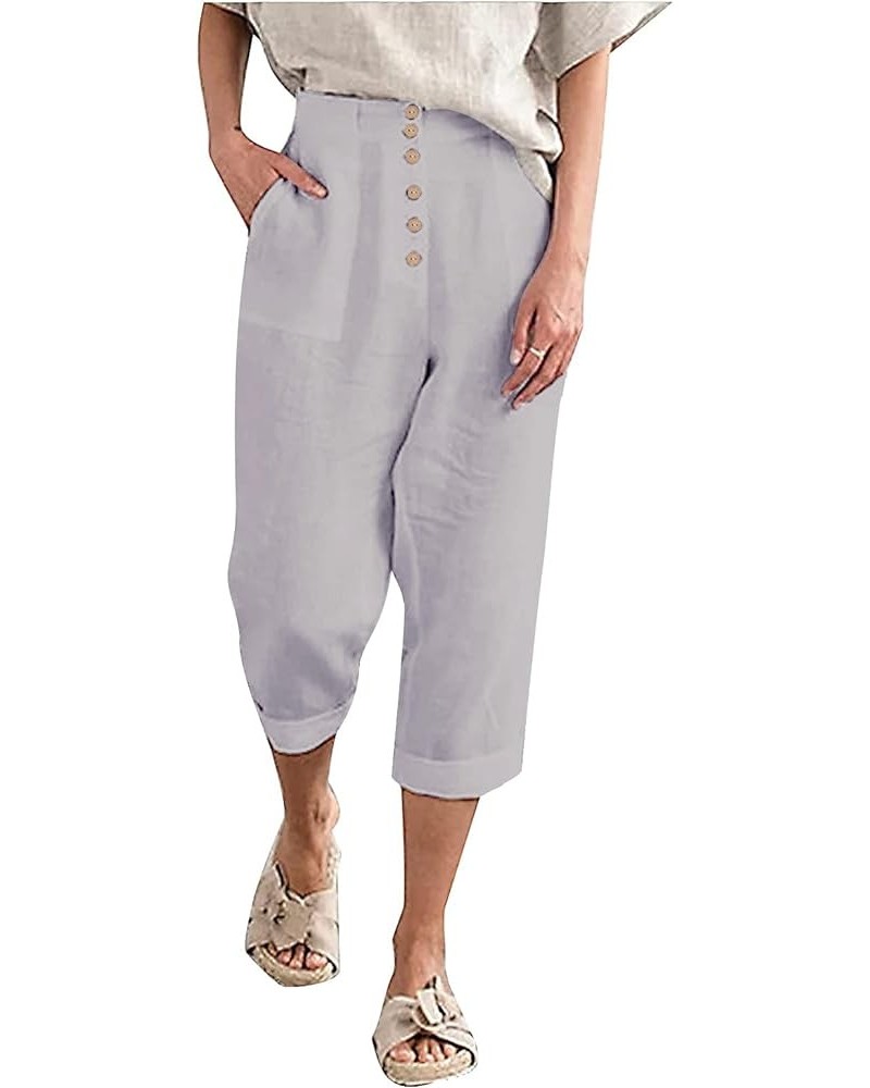 Summer Cotton Linen Cropped Wide Leg Pants Capris Women Ladies Casual Loose Palazzo Pant Work Elastic Pocket Gray $12.25 Pants