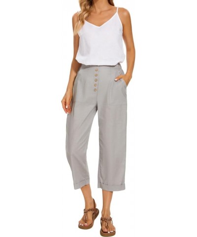 Summer Cotton Linen Cropped Wide Leg Pants Capris Women Ladies Casual Loose Palazzo Pant Work Elastic Pocket Gray $12.25 Pants