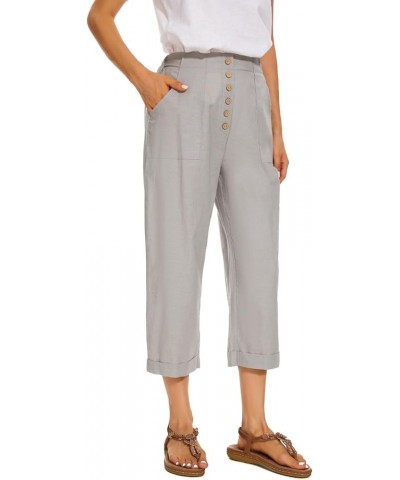 Summer Cotton Linen Cropped Wide Leg Pants Capris Women Ladies Casual Loose Palazzo Pant Work Elastic Pocket Gray $12.25 Pants