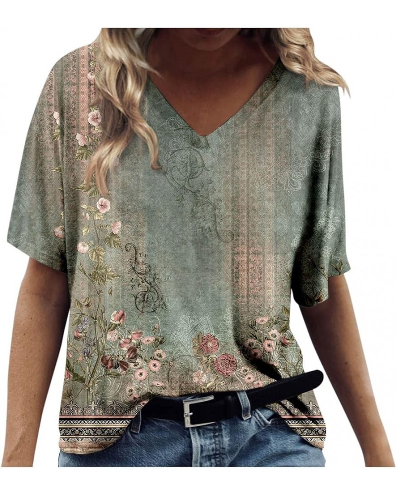 Tops for Women 2024 Hawaiian Printed V Neck Short Sleeve T Shirts Loose Oversized Shirts Holiday Daily Basic Tees 03mint Gree...