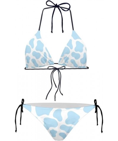 Womens Triangle Bikini Sets High Cut Tie Side 2 Piece Blue Cow Print $12.59 Swimsuits