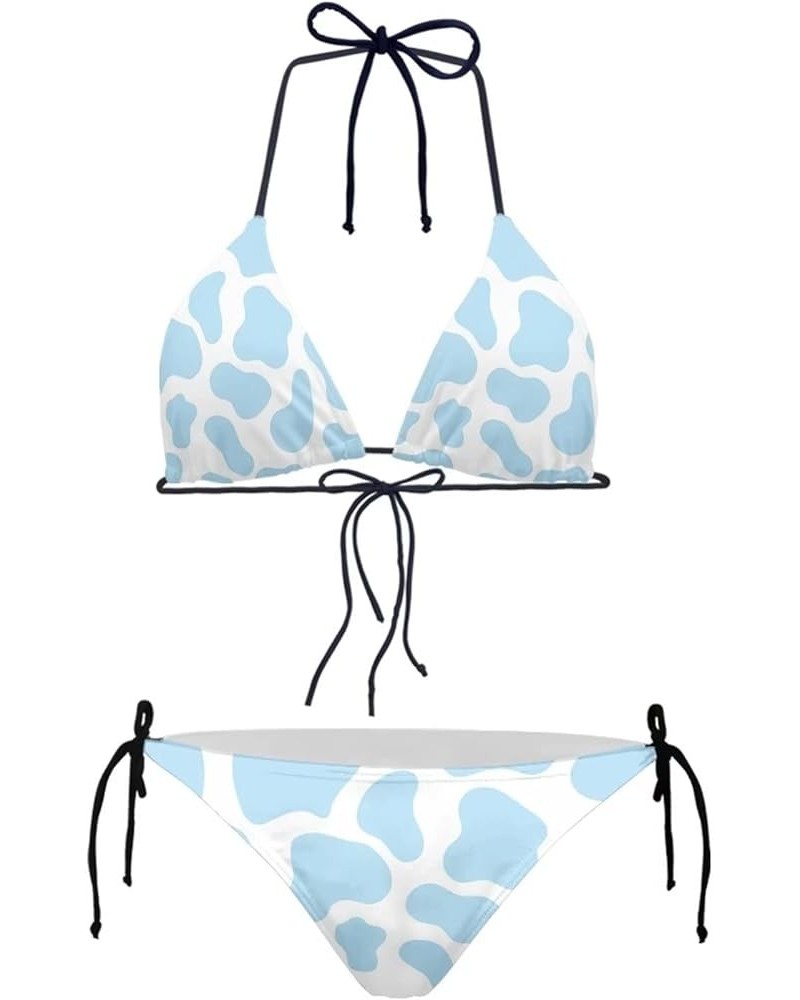 Womens Triangle Bikini Sets High Cut Tie Side 2 Piece Blue Cow Print $12.59 Swimsuits