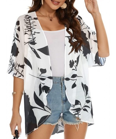 Womens Kimono Beach Cover Up Chiffon Cardigan Floral Tops Loose Capes White Flowers $11.39 Swimsuits