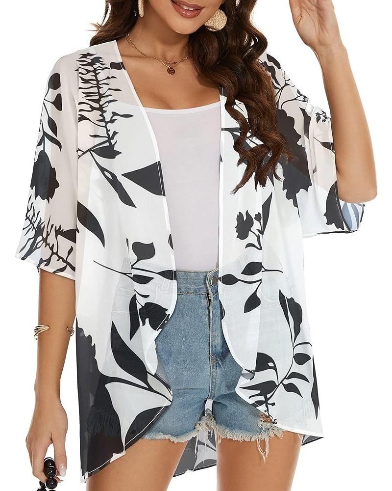 Womens Kimono Beach Cover Up Chiffon Cardigan Floral Tops Loose Capes White Flowers $11.39 Swimsuits