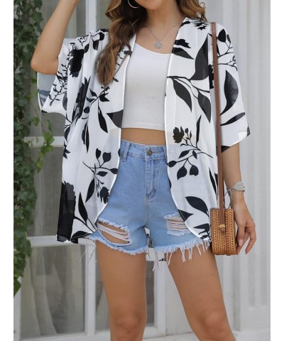 Womens Kimono Beach Cover Up Chiffon Cardigan Floral Tops Loose Capes White Flowers $11.39 Swimsuits