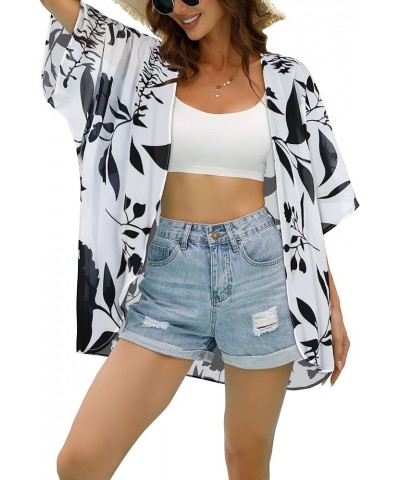 Womens Kimono Beach Cover Up Chiffon Cardigan Floral Tops Loose Capes White Flowers $11.39 Swimsuits