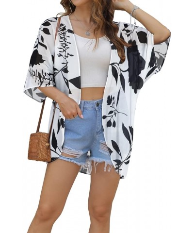 Womens Kimono Beach Cover Up Chiffon Cardigan Floral Tops Loose Capes White Flowers $11.39 Swimsuits