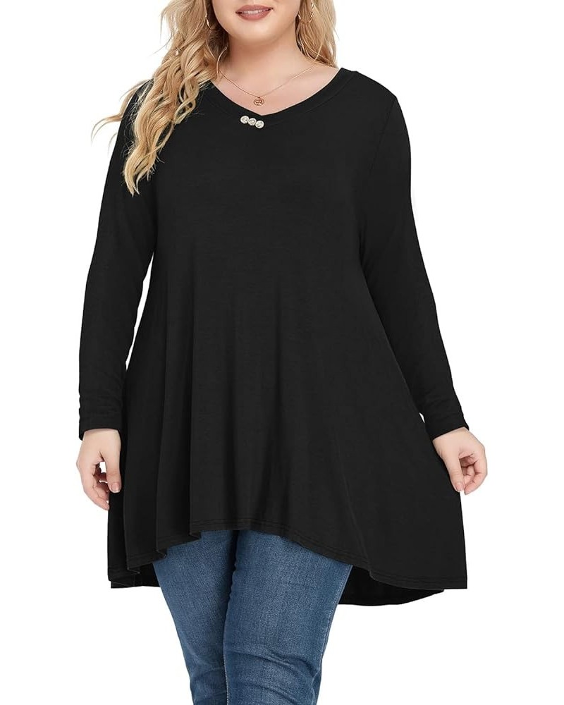 Plus Size Tunic Tops Women L-5X Long Sleeve Button Basic Loose Tee Shirts Casual Flowy Swing V Neck Blouse T-Shirt Long Sleev...