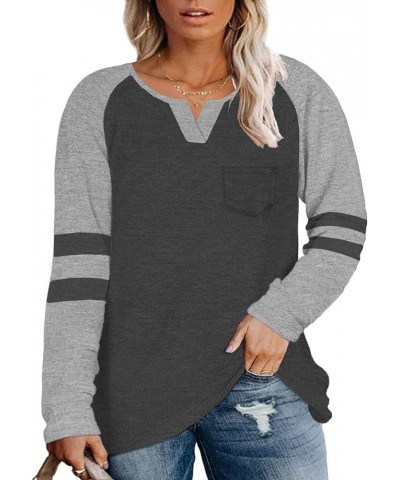 Plus-Size Tops for Women Long Sleeve V Neck T Shirts Raglan Tees 03_dark Grey $12.00 T-Shirts