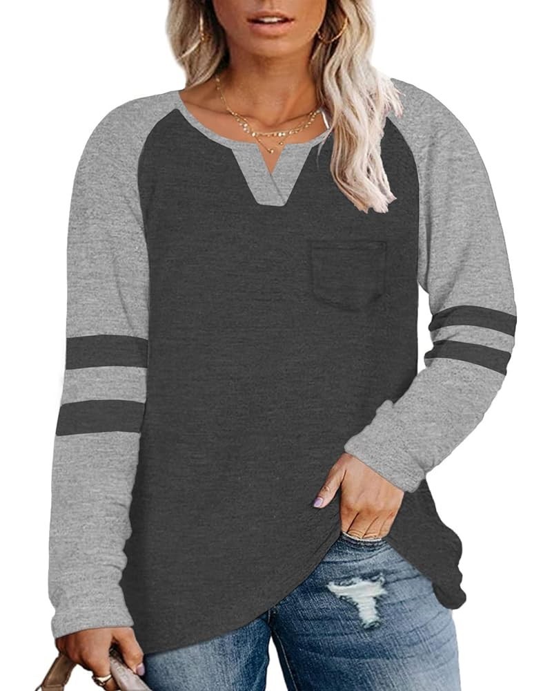 Plus-Size Tops for Women Long Sleeve V Neck T Shirts Raglan Tees 03_dark Grey $12.00 T-Shirts