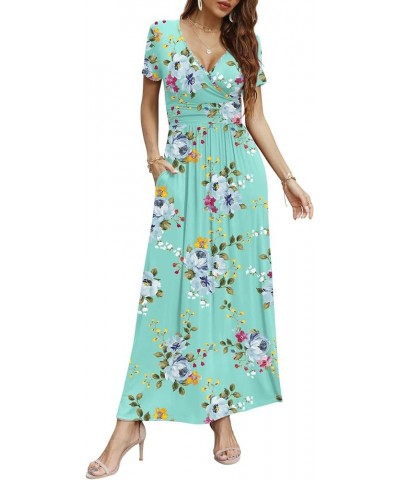 Women Short Sleeve Deep V-Neck Casual Long Dress Pleated Waist Maxi Dresses with Pockets Short Mint Green $14.72 Dresses