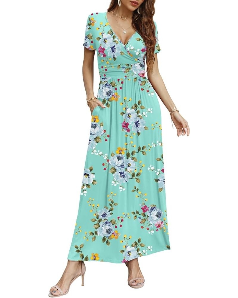 Women Short Sleeve Deep V-Neck Casual Long Dress Pleated Waist Maxi Dresses with Pockets Short Mint Green $14.72 Dresses