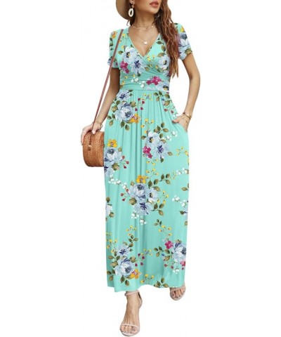 Women Short Sleeve Deep V-Neck Casual Long Dress Pleated Waist Maxi Dresses with Pockets Short Mint Green $14.72 Dresses